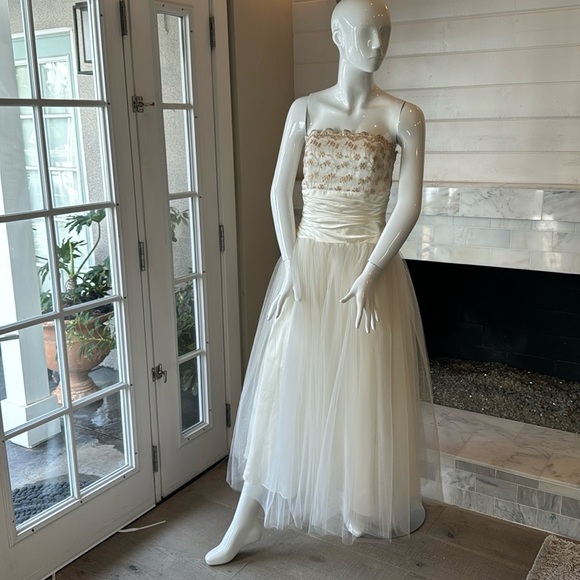 Jessica McClintock For Gunne Sak Strapless Ivory & Gold Tulle Dress Size 7/8 - Picture 12 of 14